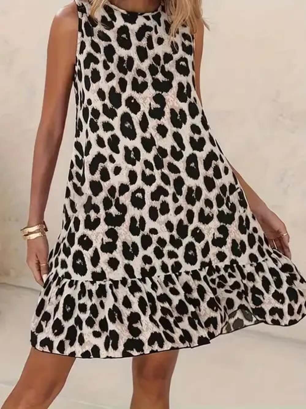 Pink Lily Sleeveless Leopard Print Ruffle Hem Mini Dress